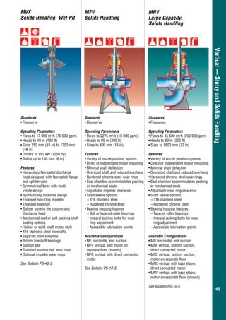 4545
Vertical—SlurryandSolidsHandling
MVX
Solids Handling, Wet-Pit
MFV
Solids Handling
MNV
Large Capacity,
Solids Handling
Standards
•	Flowserve
Operating Parameters
•	Flows to 2275 m3
/h (10 000 gpm)
•	Heads to 90 m (300 ft)
•	Sizes to 400 mm (16 in)
Features
•	Variety of nozzle position options
•	Direct or independent motor mounting
•	Minimal shaft deflection
•	Oversized shaft and reduced overhang
•	Hardened chrome steel wear rings
•	Seal chamber accommodates packing
or mechanical seals
•	Adjustable impeller clearance
•	Shaft sleeve options
–	316 stainless steel
–	Hardened chrome steel
•	Bearing housing features
–	Ball or tapered roller bearings
–	Integral jacking bolts for wear
ring adjustment
–	Accessible lubrication points
Available Configurations
•	MF horizontal, end suction
•	MFV vertical with motor on
	 separate floor (shown)
•	MFC vertical with direct connected
motor
See Bulletin PS-10-3.
Standards
•	Flowserve
Operating Parameters
•	Flows to 45 500 m3
/h (200 000 gpm)
•	Heads to 90 m (300 ft)
•	Sizes to 1800 mm (72 in)
Features
•	Variety of nozzle position options
•	Direct or independent motor mounting
•	Minimal shaft deflection
•	Oversized shaft and reduced overhang
•	Hardened chrome steel wear rings
•	Seal chamber accommodates packing
or mechanical seals
•	Adjustable wear ring clearance
•	Shaft sleeve options
–	316 stainless steel
–	Hardened chrome steel
•	Bearing housing features
–	Tapered roller bearings
–	Integral jacking bolts for wear
	 ring adjustment
–	Accessible lubrication points
Available Configurations
•	MN horizontal, end suction
•	MNF vertical, bottom suction,
direct connected motor
•	MNZ vertical, bottom suction,
motor on separate floor
•	MNC vertical with base elbow,
direct connected motor
•	MNV vertical with base elbow,
motor on separate floor (shown)
See Bulletin PS-10-4.
Standards
•	Flowserve
Operating Parameters
•	Flows to 17 000 m3
/h (75 000 gpm)
•	Heads to 40 m (130 ft)
•	Sizes 250 mm (10 in) to 1200 mm
(48 in)
•	Drivers to 950 kW (1250 hp)
•	Solids up to 150 mm (6 in)
Features
•	Heavy-duty fabricated discharge
head designed with fabricated flange
and splitter vane
•	Symmetrical bowl with multi-
volute design
•	Hydraulically balanced design
•	Enclosed non-clog impeller
•	Enclosed lineshaft
•	Splitter vane in the column and
	 discharge head
•	Mechanical seal or soft packing shaft
sealing options
•	Hollow or solid shaft motor style
•	416 stainless steel lineshafts
•	Separate steel soleplate
•	Bronze lineshaft bearings
•	Suction bell
•	Standard suction bell wear rings
•	Optional impeller wear rings
See Bulletin PS-40-5.
 