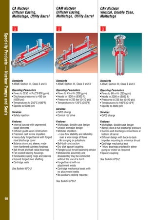 Overhung–GeneralIndustry
6060
Standards
•	ASME Section III, Class 2 and 3
Operating Parameters
•	Flows to 60 m3
/h (265 gpm)
•	Heads to 2000 m (6560 ft)
•	Pressures to 235 bar (3410 psi)
•	Temperatures to 100°C (212°F)
•	Speeds to 3600 rpm
Services
•	CVCS charge
Features
•	Multistage, double case design
•	Barrel-rated at full discharge pressure
•	Suction and discharge connections at
bottom of barrel
•	Diffuser design with back-to-back
impeller mounting to minimize thrust
•	Cartridge mechanical seal
•	Thrust bearings provided in either
pump or motor as required
•	Spacer coupling
See Bulletin FPD-2.
CAV Nuclear
Vertical, Double Case,
Multistage
CA Nuclear
Diffuser Casing,
Multistage, Utility Barrel
CAM Nuclear
Diffuser Casing,
Multistage, Utility Barrel
Standards
•	ASME Section III, Class 2 and 3
Operating Parameters
•	Flows to 45 m3
/h (200 gpm)
•	Heads to 1920 m (6300 ft)
•	Pressures to 235 bar (3410 psi)
•	Temperatures to 120°C (250°F)
Services
•	CVCS charge
•	Control rod drive
Features
•	Multistage, double case design
•	Unique, compact design
•	Modular impellers
–	Low-flow stability and reliability
over a wide range of flows
–	No surging or pulsations
•	Ball-ball construction
•	Dry disk spacer coupling
•	Flanged axial thrust balancing device
•	Modularized assembly and
disassembly may be conducted
without the use of a torch
•	Forged barrel with no
attachment welds
•	Cartridge mechanical seals with
no attachment welds
•	No auxiliary cooling required
See Bulletin FPD-2.
Standards
•	ASME Section III, Class 2 and 3
Operating Parameters
•	Flows to 5250 m3
/h (23 000 gpm)
•	Discharge pressures to 450 bar
(6500 psi)
•	Temperatures to 250°C (480°F)
•	Speeds to 6000 rpm
Services
•	Safety injection
Features
•	Internal casing with segmented
stage elements
•	Diffuser guide-vane construction
•	Precision cast in-line impellers
•	Heavy-duty forged barrel with forged
steel discharge cover
•	Balance drum and sleeve, made
from hardened stainless forgings
•	Ball thrust and ball radial bearings
•	Fan-cooled bearing housings
•	Renewable casing rings and sleeves
•	Ground forged steel shafting
•	Cartridge seals
See Bulletin FPD-2.
SpecialtyProducts—NuclearPumpsandSeals
 