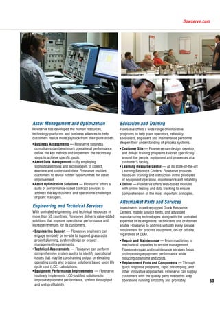 69
flowserve.com
Asset Management and Optimization
Flowserve has developed the human resources,
technology platforms and business alliances to help
customers realize more payback from their plant assets.
•	Business Assessments ­­— Flowserve business
consultants can benchmark operational performance,
define the key metrics and implement the necessary
steps to achieve specific goals.
•	Asset Data Management — By employing
sophisticated tools and technologies to collect,
examine and understand data, Flowserve enables
customers to reveal hidden opportunities for asset
improvement.
•	Asset Optimization Solutions — Flowserve offers a
suite of performance-based contract services to
address the key business and operational challenges
of plant managers.
Engineering and Technical Services
With unrivaled engineering and technical resources in
more than 55 countries, Flowserve delivers value-added
solutions that improve operational performance and
increase revenues for its customers.
•	Engineering Support — Flowserve engineers can
engage remotely or on-site to support grassroots
project planning, system design or project
management requirements.
•	Technical Assessments — Flowserve can perform
comprehensive system audits to identify operational
issues that may be constraining output or elevating
operating costs and propose solutions based upon life
cycle cost (LCC) calculations.
•	Equipment Performance Improvements — Flowserve
routinely implements LCC-justified solutions to
improve equipment performance, system throughput
and unit profitability.
Education and Training
Flowserve offers a wide range of innovative
programs to help plant operators, reliability
specialists, engineers and maintenance personnel
deepen their understanding of process systems.
•	Customer Site — Flowserve can design, develop,
and deliver training programs tailored specifically
around the people, equipment and processes at a
customer’s facility.
•	Learning Resource Center — At its state-of-the-art
Learning Resource Centers, Flowserve provides
hands-on training and instruction in the principles
of equipment operation, maintenance and reliability.
•	Online — Flowserve offers Web-based modules
with online testing and data tracking to ensure
comprehension of the most important principles.
Aftermarket Parts and Services
Investments in well-equipped Quick Response
Centers, mobile service fleets, and advanced
manufacturing technologies along with the unrivaled
expertise of its engineers, technicians and craftsmen
enable Flowserve to address virtually every service
requirement for process equipment, on- or off-site,
regardless of OEM.
•	Repair and Maintenance — From machining to
mechanical upgrades to on-site management,
Flowserve repair and maintenance services focus
on improving equipment performance while
reducing downtime and costs.
•	Replacement Parts and Components — Through
quick response programs, rapid prototyping, and
other innovative approaches, Flowserve can supply
customers with the quality parts needed to keep
operations running smoothly and profitably.
 