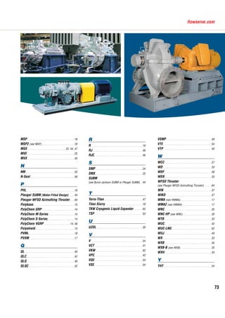 73
flowserve.com
MSP. . . . . . . . . . . . . . . . . . . . . . . . . . . . . . . . . . 18
MSP2 (see MSP). . . . . . . . . . . . . . . . . . . . . . . . 18
MSX. . . . . . . . . . . . . . . . . . . . . . . . . . .  22, 44, 47
MVE. . . . . . . . . . . . . . . . . . . . . . . . . . . . . . . . . . 25
MVX. . . . . . . . . . . . . . . . . . . . . . . . . . . . . . . . . . 45
N
NM. . . . . . . . . . . . . . . . . . . . . . . . . . . . . . . . . . . 33
N-Seal. . . . . . . . . . . . . . . . . . . . . . . . . . . . . . . . 58
P
PHL. . . . . . . . . . . . . . . . . . . . . . . . . . . . . . . . . . 16
Pleuger SUBM (Water-Filled Design) . . . . 44
Pleuger WFSD Azimuthing Thruster. . . . 64
Polybase. . . . . . . . . . . . . . . . . . . . . . . . . . . . . . 15
PolyChem GRP . . . . . . . . . . . . . . . . . . . . . . . 14
PolyChem M-Series. . . . . . . . . . . . . . . . . . . 15
PolyChem S-Series. . . . . . . . . . . . . . . . . . . . 14
PolyChem VGRP . . . . . . . . . . . . . . . . . . . 14, 48
Polyshield . . . . . . . . . . . . . . . . . . . . . . . . . . . . 15
PVML. . . . . . . . . . . . . . . . . . . . . . . . . . . . . . . . . 18
PVXM. . . . . . . . . . . . . . . . . . . . . . . . . . . . . . . . . 17
Q
QL	. . . . . . . . . . . . . . . . . . . . . . . . . . . . . . . . . . . . 40
QLC. . . . . . . . . . . . . . . . . . . . . . . . . . . . . . . . . . 42
QLQ . . . . . . . . . . . . . . . . . . . . . . . . . . . . . . . . . . 40
QLQC. . . . . . . . . . . . . . . . . . . . . . . . . . . . . . . . . 42
R
R	 . . . . . . . . . . . . . . . . . . . . . . . . . . . . . . . . . . . . 19
RJ	. . . . . . . . . . . . . . . . . . . . . . . . . . . . . . . . . . . . 46
RJC. . . . . . . . . . . . . . . . . . . . . . . . . . . . . . . . . . . 46
S
SMP. . . . . . . . . . . . . . . . . . . . . . . . . . . . . . . . . . 24
SMX. . . . . . . . . . . . . . . . . . . . . . . . . . . . . . . . . . 25
SUBM
(see Byron Jackson SUBM or Pleuger SUBM) . . 44
T
Terra-Titan. . . . . . . . . . . . . . . . . . . . . . . . . . . . 47
Titan Slurry. . . . . . . . . . . . . . . . . . . . . . . . . . . 19
TKW Cryogenic Liquid Expander. . . . . . . 62
TSP. . . . . . . . . . . . . . . . . . . . . . . . . . . . . . . . . . . 53
U
UZDL . . . . . . . . . . . . . . . . . . . . . . . . . . . . . . . . . 30
V
V	 . . . . . . . . . . . . . . . . . . . . . . . . . . . . . . . . . . . . 54
VCT . . . . . . . . . . . . . . . . . . . . . . . . . . . . . . . . . . 41
VKW. . . . . . . . . . . . . . . . . . . . . . . . . . . . . . . . . . 62
VPC. . . . . . . . . . . . . . . . . . . . . . . . . . . . . . . . . . 42
VQE. . . . . . . . . . . . . . . . . . . . . . . . . . . . . . . . . . 54
VSE. . . . . . . . . . . . . . . . . . . . . . . . . . . . . . . . . . . 54
VSMP. . . . . . . . . . . . . . . . . . . . . . . . . . . . . . . . . 49
VTE. . . . . . . . . . . . . . . . . . . . . . . . . . . . . . . . . . . 54
VTP . . . . . . . . . . . . . . . . . . . . . . . . . . . . . . . . . . 40
W
WCC. . . . . . . . . . . . . . . . . . . . . . . . . . . . . . . . . . 37
WD. . . . . . . . . . . . . . . . . . . . . . . . . . . . . . . . . . . 33
WDF. . . . . . . . . . . . . . . . . . . . . . . . . . . . . . . . . . 58
WDX. . . . . . . . . . . . . . . . . . . . . . . . . . . . . . . . . . 33
WFSD Thruster
(see Pleuger WFSD Azimuthing Thruster) . . . . . 64
WIK . . . . . . . . . . . . . . . . . . . . . . . . . . . . . . . . . . 37
WIKO . . . . . . . . . . . . . . . . . . . . . . . . . . . . . . . . 37
WMA (see HWMA). . . . . . . . . . . . . . . . . . . . . . . 17
WMA2 (see HWMA) . . . . . . . . . . . . . . . . . . . . . 17
WNC. . . . . . . . . . . . . . . . . . . . . . . . . . . . . . . . . . 35
WNC-HP (see WNC). . . . . . . . . . . . . . . . . . . . . 35
WTB. . . . . . . . . . . . . . . . . . . . . . . . . . . . . . . . . . 32
WUC. . . . . . . . . . . . . . . . . . . . . . . . . . . . . . . . . . 42
WUC-LNG. . . . . . . . . . . . . . . . . . . . . . . . . . . . . 62
WUJ. . . . . . . . . . . . . . . . . . . . . . . . . . . . . . . . . . 40
WX. . . . . . . . . . . . . . . . . . . . . . . . . . . . . . . . . . . 33
WXB. . . . . . . . . . . . . . . . . . . . . . . . . . . . . . . . . . 35
WXB-B (see WXB). . . . . . . . . . . . . . . . . . . . . . . 35
WXH. . . . . . . . . . . . . . . . . . . . . . . . . . . . . . . . . . 34
Y
YHT. . . . . . . . . . . . . . . . . . . . . . . . . . . . . . . . . . 54
 
