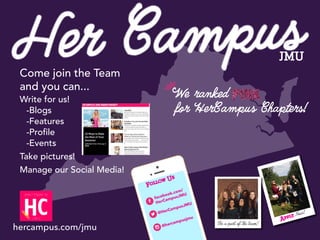 We ranked
for HerCampus Chapters!
Her CampusJMU
Be a part of the team!
Apply Now!
Come join the Team
and you can...
Write for us!
	-Blogs
	-Features
	 -Profile
	-Events
Take pictures!
Manage our Social Media!
Follow Us
@HerCampusJMU
@hercampusjmu
facebook.com/
HerCampusJMU
hercampus.com/jmu
 