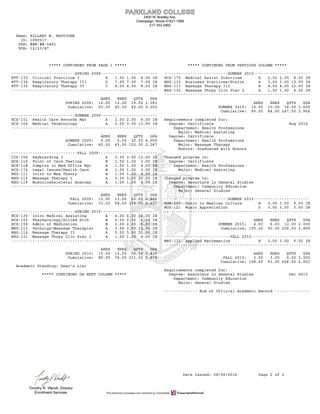 Name: HILLARY M. WESTJOHN
ID: 1090517
SSN: ###-##-5491
DOB: 12/23/87
***** CONTINUED FROM PAGE 1 ***** ***** CONTINUED FROM PREVIOUS COLUMN *****
---------------------------SPRING 2009------------------------ ---------------------------SUMMER 2010------------------------
RTT-133 Clinical Practicum I A 1.00 1.00 4.00 IN HCS-170 Medical Assist Practicum A 2.00 2.00 8.00 IN
RTT-134 Respiratory Therapy III D 7.00 7.00 7.00 IN MSG-115 Business Practices/Ethics A 3.00 3.00 12.00 IN
RTT-135 Respiratory Therapy IV C 4.00 4.00 8.00 IN MSG-117 Massage Therapy III B 4.00 4.00 12.00 IN
-------------------------------------------------------------- MSG-132 Massage Thrpy Clin Prac 2 A 1.00 1.00 4.00 IN
--------------------------------------------------------------
AHRS EHRS QPTS GPA
SPRING 2009: 12.00 12.00 19.00 1.583 AHRS EHRS QPTS GPA
Cumulative: 55.50 40.50 82.00 2.050 SUMMER 2010: 10.00 10.00 36.00 3.600
Cumulative: 99.00 84.00 247.50 2.964
---------------------------SUMMER 2009------------------------
HCS-151 Health Care Records Mgt A 2.00 2.00 8.00 IN Requirements completed for:
HCS-154 Medical Terminology A 3.00 3.00 12.00 IN Degree: Certificate Aug 2010
-------------------------------------------------------------- Department: Health Professions
Major: Medical Assisting
AHRS EHRS QPTS GPA Degree: Certificate
SUMMER 2009: 5.00 5.00 20.00 4.000 Department: Health Professions
Cumulative: 60.50 45.50 102.00 2.267 Major: Massage Therapy
Honors: Graduated with Honors
----------------------------FALL 2009-------------------------
CIS-156 Keyboarding I A 3.00 3.00 12.00 IN Changed program to:
HCS-116 Point of Care Testing B 1.00 1.00 3.00 IN Degree: Certificate
HCS-118 Comptrs in Med Office Mgt A 1.00 1.00 4.00 IN Department: Health Professions
HCS-174 Legal Issues/Health Care B 1.00 1.00 3.00 IN Major: Medical Assisting
MSG-111 Intro to Msg Theory A 1.00 1.00 4.00 IN
MSG-112 Massage Therapy I A 5.00 5.00 20.00 IN Changed program to:
MSG-119 Musculoskeleletal Anatomy A 1.00 1.00 4.00 IN Degree: Associate in General Studies
-------------------------------------------------------------- Department: Community Education
Major: General Studies
AHRS EHRS QPTS GPA
FALL 2009: 13.00 13.00 50.00 3.846 ---------------------------SUMMER 2015------------------------
Cumulative: 73.50 58.50 152.00 2.621 HUM-107 Intro to Mexican Culture B 3.00 3.00 9.00 IN
MUS-121 Music Appreciation D 3.00 3.00 3.00 IN
---------------------------SPRING 2010------------------------ --------------------------------------------------------------
HCS-135 Intro Medical Assisting A 4.00 4.00 16.00 IN
HCS-155 Pharmacology/Allied Hlth B 0.50 0.50 1.50 IN AHRS EHRS QPTS GPA
HCS-158 Admin of Medication B 2.00 2.00 6.00 IN SUMMER 2015: 6.00 6.00 12.00 2.000
MSG-113 Patholgy/Massage Therapist A 3.00 3.00 12.00 IN Cumulative: 105.00 90.00 259.50 2.899
MSG-114 Massage Therapy II A 5.00 5.00 20.00 IN
MSG-131 Massage Thrpy Clin Prac 1 A 1.00 1.00 4.00 IN ----------------------------FALL 2015-------------------------
-------------------------------------------------------------- MAT-131 Applied Mathematics B 3.00 3.00 9.00 IN
--------------------------------------------------------------
AHRS EHRS QPTS GPA
SPRING 2010: 15.50 15.50 59.50 3.839 AHRS EHRS QPTS GPA
Cumulative: 89.00 74.00 211.50 2.878 FALL 2015: 3.00 3.00 9.00 3.000
Cumulative: 108.00 93.00 268.50 2.903
Academic Standing: Dean's List
Requirements completed for:
***** CONTINUED ON NEXT COLUMN ***** Degree: Associate in General Studies Dec 2015
Department: Community Education
Major: General Studies
-------------- End of Official Academic Record ---------------
Date Issued: 08/09/2016 Page 2 of 2
 