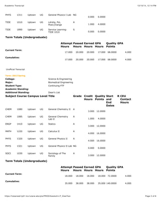 12/15/14, 12:14 PMAcademic Transcript
Page 2 of 6https://tubanssb1p01.tcs.tulane.edu/pls/PROD/bwskotrn.P_ViewTran
PHYS 1311 Uptown UG General Physics I Lab NG
0.000 0.0000
TIDE 1010 Uptown UG Ldrshp, Pol,
Powr,Change
A
1.000 4.0000
TIDE 1890 Uptown UG Service Learning:
TIDE 1010
S
0.000 0.0000
Term Totals (Undergraduate)
Attempt
Hours
Passed
Hours
Earned
Hours
GPA
Hours
Quality
Points
GPA
Current Term:
17.000 20.000 20.000 17.000 68.0000 4.000
Cumulative:
17.000 20.000 20.000 17.000 68.0000 4.000
Unofficial Transcript
Term: 2013 Spring
College: Science & Engineering
Major: Biomedical Engineering
Student Type: Continuing FTF
Academic Standing:
Additional Standing: Dean's List
Subject Course Campus Level Title Grade Credit
Hours
Quality
Points
Start
and
End
Dates
R CEU
Contact
Hours
CHEM 1080 Uptown UG General Chemistry II A
3.000 12.0000
CHEM 1085 Uptown UG General Chemistry
Lab II
A
1.000 4.0000
ENGP 1410 Uptown UG Statics A
3.000 12.0000
MATH 1220 Uptown UG Calculus II A
4.000 16.0000
PHYS 1320 Uptown UG General Physics II A
4.000 16.0000
PHYS 1321 Uptown UG General Physics II Lab NG
0.000 0.0000
SOCI 1030 Uptown UG Sociology of The
Family
A
3.000 12.0000
Term Totals (Undergraduate)
Attempt
Hours
Passed
Hours
Earned
Hours
GPA
Hours
Quality
Points
GPA
Current Term:
18.000 18.000 18.000 18.000 72.0000 4.000
Cumulative:
35.000 38.000 38.000 35.000 140.0000 4.000
 