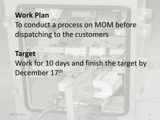 Work Plan
To conduct a process on MOM before
dispatching to the customers
Target
Work for 10 days and finish the target by
December 17th
18th Dec 2013 4
 