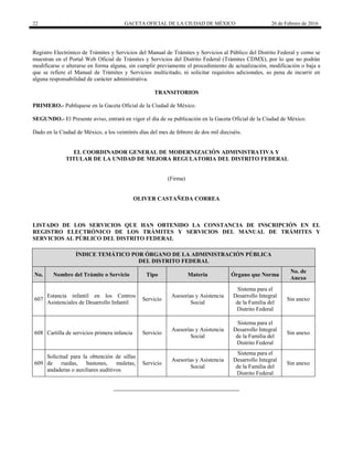 22 GACETA OFICIAL DE LA CIUDAD DE MÉXICO 26 de Febrero de 2016
Registro Electrónico de Trámites y Servicios del Manual de Trámites y Servicios al Público del Distrito Federal y como se
muestran en el Portal Web Oficial de Trámites y Servicios del Distrito Federal (Trámites CDMX), por lo que no podrán
modificarse o alterarse en forma alguna, sin cumplir previamente el procedimiento de actualización, modificación o baja a
que se refiere el Manual de Trámites y Servicios multicitado, ni solicitar requisitos adicionales, so pena de incurrir en
alguna responsabilidad de carácter administrativa.
TRANSITORIOS
PRIMERO.- Publíquese en la Gaceta Oficial de la Ciudad de México.
SEGUNDO.- El Presente aviso, entrará en vigor el día de su publicación en la Gaceta Oficial de la Ciudad de México.
Dado en la Ciudad de México, a los veintitrés días del mes de febrero de dos mil dieciséis.
EL COORDINADOR GENERAL DE MODERNIZACIÓN ADMINISTRATIVA Y
TITULAR DE LA UNIDAD DE MEJORA REGULATORIA DEL DISTRITO FEDERAL
(Firma)
OLIVER CASTAÑEDA CORREA
LISTADO DE LOS SERVICIOS QUE HAN OBTENIDO LA CONSTANCIA DE INSCRIPCIÓN EN EL
REGISTRO ELECTRÓNICO DE LOS TRÁMITES Y SERVICIOS DEL MANUAL DE TRÁMITES Y
SERVICIOS AL PÚBLICO DEL DISTRITO FEDERAL
ÍNDICE TEMÁTICO POR ÓRGANO DE LA ADMINISTRACIÓN PÚBLICA
DEL DISTRITO FEDERAL
No. Nombre del Trámite o Servicio Tipo Materia Órgano que Norma
No. de
Anexo
607
Estancia infantil en los Centros
Asistenciales de Desarrollo Infantil
Servicio
Asesorías y Asistencia
Social
Sistema para el
Desarrollo Integral
de la Familia del
Distrito Federal
Sin anexo
608 Cartilla de servicios primera infancia Servicio
Asesorías y Asistencia
Social
Sistema para el
Desarrollo Integral
de la Familia del
Distrito Federal
Sin anexo
609
Solicitud para la obtención de sillas
de ruedas, bastones, muletas,
andaderas o auxiliares auditivos
Servicio
Asesorías y Asistencia
Social
Sistema para el
Desarrollo Integral
de la Familia del
Distrito Federal
Sin anexo
 