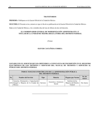 24 GACETA OFICIAL DE LA CIUDAD DE MÉXICO 26 de Febrero de 2016
TRANSITORIOS
PRIMERO.- Publíquese en la Gaceta Oficial de la Ciudad de México.
SEGUNDO.-El Presente aviso, entrará en vigor el día de su publicación en la Gaceta Oficial de la Ciudad de México.
Dado en la Ciudad de México, a los veintidós días del mes de febrero de dos mil dieciséis.
EL COORDINADOR GENERAL DE MODERNIZACIÓN ADMINISTRATIVA Y
TITULAR DE LA UNIDAD DE MEJORA REGULATORIA DEL DISTRITO FEDERAL
(Firma)
OLIVER CASTAÑEDA CORREA
LISTADO CON EL SERVICIO QUE HA OBTENIDO LA CONSTANCIA DE INSCRIPCIÓN EN EL REGISTRO
ELECTRÓNICO DE LOS TRÁMITES Y SERVICIOS DEL MANUAL DE TRÁMITES Y SERVICIOS AL
PÚBLICO DEL DISTRITO FEDERAL
ÍNDICE TEMÁTICO POR ÓRGANO DE LA ADMINISTRACIÓN PÚBLICA
DEL DISTRITO FEDERAL
No. Nombre del Servicio Tipo Materia Órgano que Norma
No. de
Anexo
610
Asesoría, Orientación y Capacitación
Integral a Mujeres de la Ciudad de
México
Servicio
Asesorías y Asistencia
Social
Instituto de las
Mujeres del Distrito
Federal
Sin Anexo
 