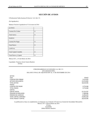 26 de Febrero de 2016 GACETA OFICIAL DE LA CIUDAD DE MÉXICO 93
SECCIÓN DE AVISOS
I Profesionisti Nella Gestione Di Servizi S.A. De C.V.
(En liquidación )
Balance Final de Liquidación al 31 de enero de 2016
ACTIVO
Cuentas Por Cobrar 0
Total Activo 0
PASIVO
Cuentas Por Pagar 0
Total Pasivo 0
CAPITAL
Total Capital Contable 0
Total Pasivo y Capital 0
México D.F., a 16 de febrero de 2016
Liquidador: Francisco Javier García Ramírez
(Firma)
CDM DESARROLLO AVANZADO, S.A. DE C.V.
(EN LIQUIDACIÓN)
BALANCE FINAL DE LIQUIDACIÓN AL 31 DE DICIEMBRE DE 2014
ACTIVO
CAJA 30,810
CUENTAS POR COBRAR 3,214,303
ACTIVOS CIRCULANTES 15,374,483
TOTAL ACTIVO 18,619,596
PASIVO
CUENTAS POR PAGAR 3,774,268
TOTAL PASIVO 3,774,268
CAPITAL
CAPITAL SOCIAL 22,723,707
PERDIDAS ACUMULADAS -1,588,086
PERDIDA DEL EJERCICIO -6,290,293
TOTAL CAPITAL CONTABLE 14,845,328
TOTAL PASIVO Y CAPITAL 18,619,596
La publicación se hace en cumplimiento a lo dispuesto en el Artículo 247 de la Ley General de Sociedades Mercantiles.
México, D.F. a 04 de Febrero de 2016
(Firma)
Liquidador
Abdiel Ramírez Ramírez
 