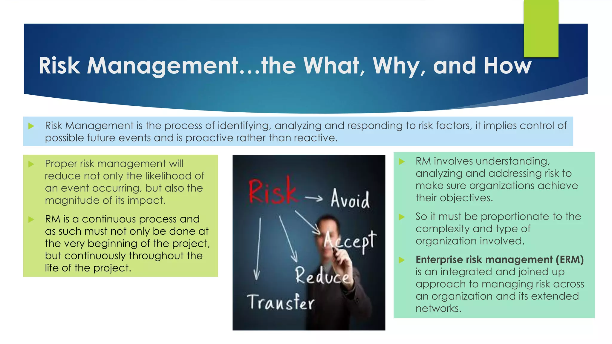 Risk Management…the What, Why, and How
 RM involves understanding,
analyzing and addressing risk to
make sure organizations achieve
their objectives.
 So it must be proportionate to the
complexity and type of
organization involved.
 Enterprise risk management (ERM)
is an integrated and joined up
approach to managing risk across
an organization and its extended
networks.
 Risk Management is the process of identifying, analyzing and responding to risk factors, it implies control of
possible future events and is proactive rather than reactive.
 Proper risk management will
reduce not only the likelihood of
an event occurring, but also the
magnitude of its impact.
 RM is a continuous process and
as such must not only be done at
the very beginning of the project,
but continuously throughout the
life of the project.
 