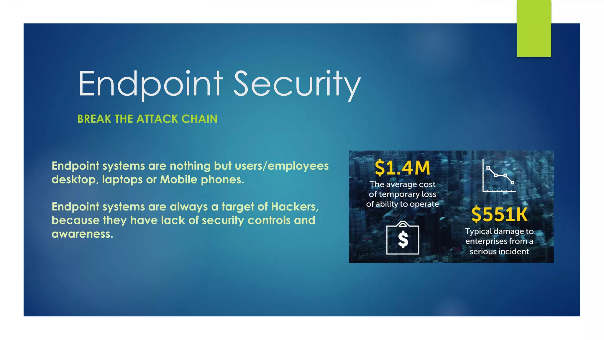 Endpoint Security
Endpoint systems are nothing but users/employees
desktop, laptops or Mobile phones.
Endpoint systems are always a target of Hackers,
because they have lack of security controls and
awareness.
BREAK THE ATTACK CHAIN
 