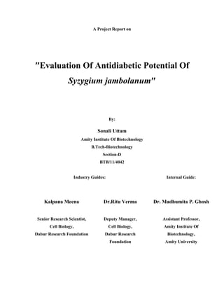 A Project Report on
″Evaluation Of Antidiabetic Potential Of
Syzygium jambolanum″
By:
Sonali Uttam
Amity Institute Of Biotechnology
B.Tech-Biotechnology
Section-D
BTB/11/4042
Industry Guides: Internal Guide:
Kalpana Meena Dr.Ritu Verma Dr. Madhumita P. Ghosh
Senior Research Scientist,
Cell Biology,
Dabur Research Foundation
Deputy Manager,
Cell Biology,
Dabur Research
Foundation
Assistant Professor,
Amity Institute Of
Biotechnology,
Amity University
 