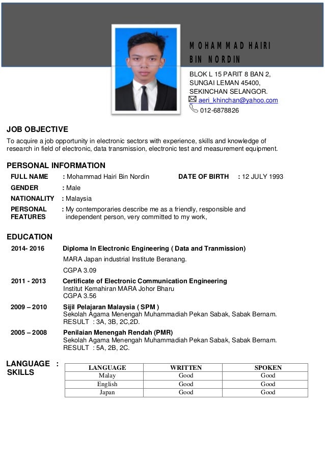 resume in malay