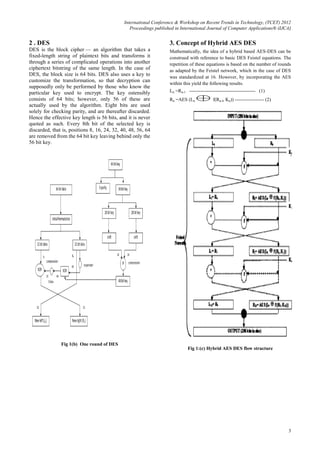 International Conference & Workshop on Recent Trends in Technology, (TCET) 2012
Proceedings published in International Journal of Computer Applications® (IJCA)
3
2 . DES
DES is the block cipher — an algorithm that takes a
fixed-length string of plaintext bits and transforms it
through a series of complicated operations into another
ciphertext bitstring of the same length. In the case of
DES, the block size is 64 bits. DES also uses a key to
customize the transformation, so that decryption can
supposedly only be performed by those who know the
particular key used to encrypt. The key ostensibly
consists of 64 bits; however, only 56 of these are
actually used by the algorithm. Eight bits are used
solely for checking parity, and are thereafter discarded.
Hence the effective key length is 56 bits, and it is never
quoted as such. Every 8th bit of the selected key is
discarded, that is, positions 8, 16, 24, 32, 40, 48, 56, 64
are removed from the 64 bit key leaving behind only the
56 bit key.
Fig 1(b) One round of DES
3. Concept of Hybrid AES DES
Mathematically, the idea of a hybrid based AES-DES can be
construed with reference to basic DES Feistel equations. The
repetition of these equations is based on the number of rounds
as adapted by the Feistel network, which in the case of DES
was standardized at 16. However, by incorporating the AES
within this yield the following results.
Ln =Rn-1 ----------------------------------------- (1)
Rn =AES (Ln f(Rn-l, Kn)) ------------------ (2)
Fig 1:(c) Hybrid AES DES flow structure
 