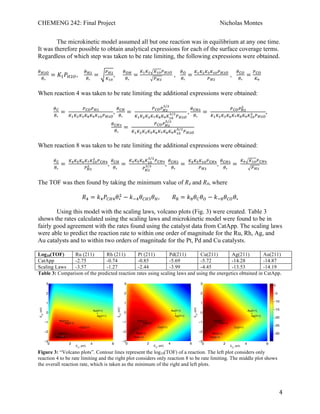 CHEMENG 242: Final Project Nicholas Montes
!
! 4!
The microkinetic model assumed all but one reaction was in equilibrium at any one time.
It was therefore possible to obtain analytical expressions for each of the surface coverage terms.
Regardless of which step was taken to be rate limiting, the following expressions were obtained.
!!!!
!∗
= !!!!!!, !
!!!
!∗
=
!!!
!!"
,
!!"
!∗
=
!!!! !!"!!!!
!!!
,
!!
!∗
=
!!!!!!!!"!!!!
!!!
,
!!"
!∗
=
!!"
!!
When reaction 4 was taken to be rate limiting the additional expressions were obtained:
!!
!∗
=!
!!"!!!
!!!!!!!!!!!!"!!!!
,
!!"
!∗
=!
!!"!!!
!/!
!!!!!!!!!!!!!!"
!/!
!!!!
,
!!"!
!∗
=!
!!"!!!
!
!!!!!!!!!!!!!!!!"
! !!!!
,
!!!!!!!!!!!!!!!!!!!!!!!!!!!!!!!!!!!!!!!!!!!!!!!!!!!!!
!!"!
!∗
=!
!!"!!!
!/!
!!!!!!!!!!!!!!!!!!"
!/!
!!!!
When reaction 8 was taken to be rate limiting the additional expressions were obtained:
!!
!∗
=!
!!!!!!!!!!"
!
!!"!
!!!
! ,
!!"
!∗
=!
!!!!!!!!"
!/!
!!"!
!!!
!/! ,!
!!"!
!∗
=!
!!!!!!"!!"!
!!!
,
!!"!
!∗
=!
!! !!"!!"!
!!!
The TOF was then found by taking the minimum value of R4 and R8, where
!! = !!!!"!!∗
!
− !!!!!"!!!, !! = !!!!!! − !!!!!"!∗
Using this model with the scaling laws, volcano plots (Fig. 3) were created. Table 3
shows the rates calculated using the scaling laws and microkinetic model were found to be in
fairly good agreement with the rates found using the catalyst data from CatApp. The scaling laws
were able to predict the reaction rate to within one order of magnitude for the Ru, Rh, Ag, and
Au catalysts and to within two orders of magnitude for the Pt, Pd and Cu catalysts.
Log10(TOF) Ru (211) Rh (211) Pt (211) Pd(211) Cu(211) Ag(211) Au(211)
CatApp -2.75 -0.74 -0.85 -5.69 -5.72 -14.28 -14.87
Scaling Laws -3.57 -1.27 -2.44 -3.99 -4.45 -13.53 -14.19
Table 3: Comparison of the predicted reaction rates using scaling laws and using the energetics obtained in CatApp.
Figure 3: “Volcano plots”. Contour lines represent the log10(TOF) of a reaction. The left plot considers only
reaction 4 to be rate limiting and the right plot considers only reaction 8 to be rate limiting. The middle plot shows
the overall reaction rate, which is taken as the minimum of the right and left plots.
0 2 4 6
−3
−2
−1
0
1
2
3
Ru(211)
Rh(211)
Pt(211)
Pd(211)
Cu(211)
Ag(211)
Au(211)
E
C*
(eV)
E
O*
(eV)
−12
−10
−8
−6
−4
−2
0 2 4 6
−3
−2
−1
0
1
2
3
Ru(211)
Rh(211)
Pt(211)
Pd(211)
Cu(211)
Ag(211)
Au(211)
E
C*
(eV)
EO*
(eV)
−30
−25
−20
−15
−10
−5
0 2 4 6
−3
−2
−1
0
1
2
3
Ru(211)
Rh(211)
Pt(211)
Pd(211)
Cu(211)
Ag(211)
Au(211)
E
C*
(eV)
EO*
(eV)
−30
−25
−20
−15
−10
−5
0
 