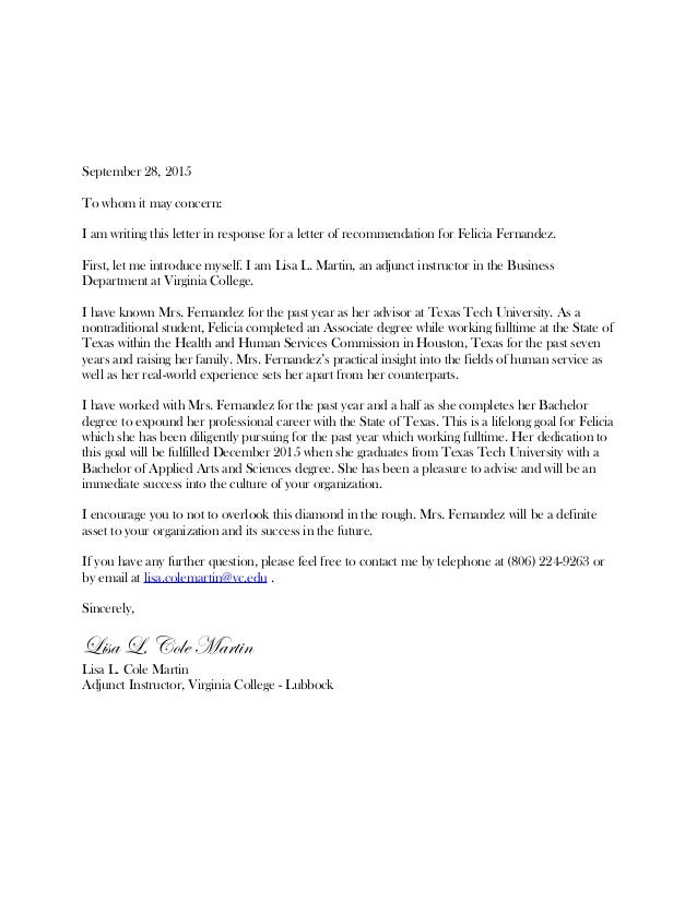 letter of recommendation felicia fernandez recommendation letter for myself