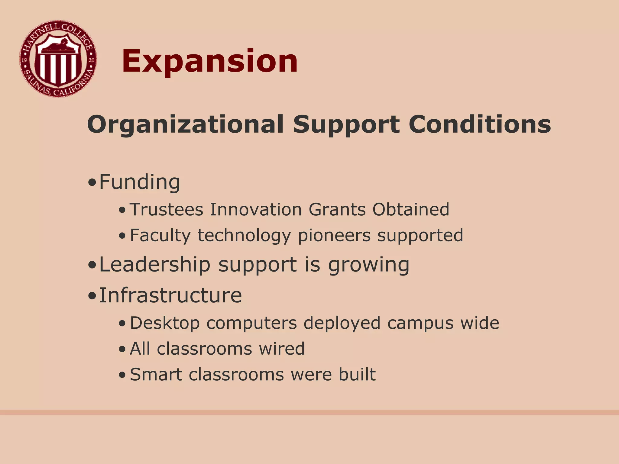 Organizational Support Conditions
•Funding
• Trustees Innovation Grants Obtained
• Faculty technology pioneers supported
•Leadership support is growing
•Infrastructure
• Desktop computers deployed campus wide
• All classrooms wired
• Smart classrooms were built
Expansion
 