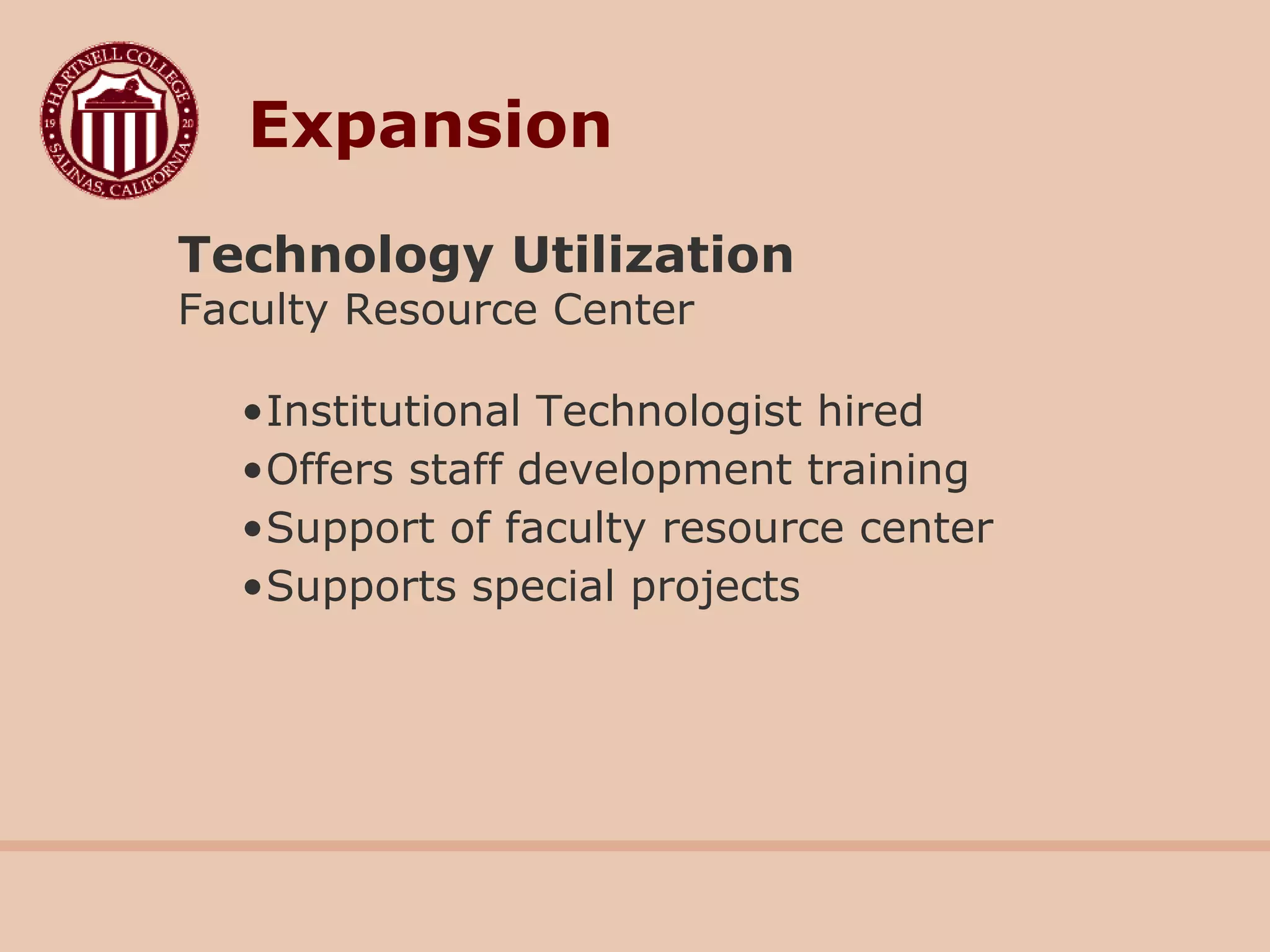 Technology Utilization
Faculty Resource Center
•Institutional Technologist hired
•Offers staff development training
•Support of faculty resource center
•Supports special projects
Expansion
 