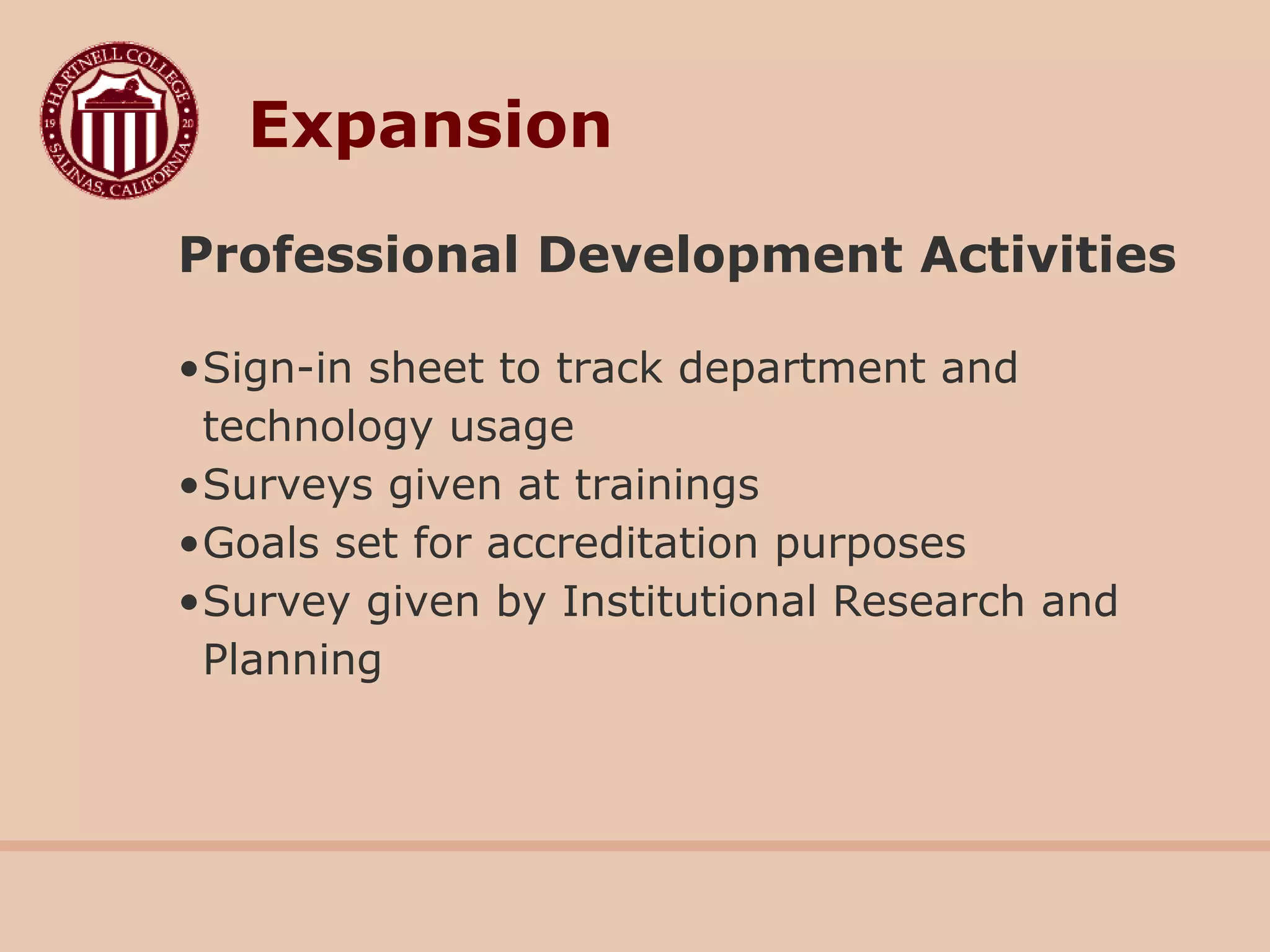 Professional Development Activities
•Sign-in sheet to track department and
technology usage
•Surveys given at trainings
•Goals set for accreditation purposes
•Survey given by Institutional Research and
Planning
Expansion
 