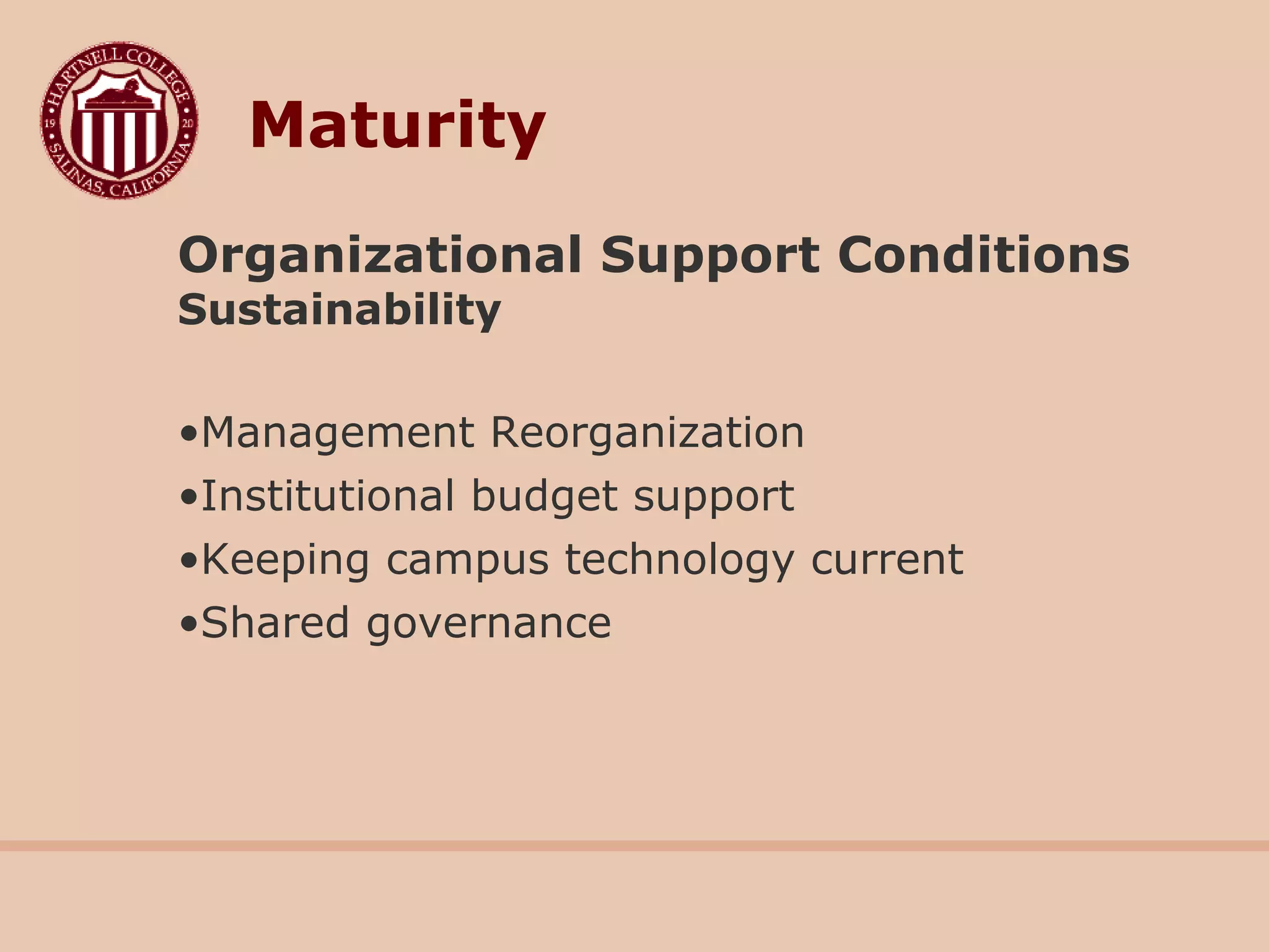 Organizational Support Conditions
Sustainability
•Management Reorganization
•Institutional budget support
•Keeping campus technology current
•Shared governance
Maturity
 