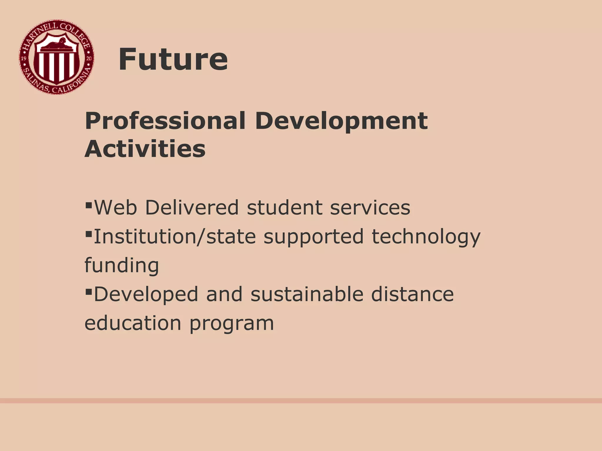Professional Development
Activities
Web Delivered student services
Institution/state supported technology
funding
Developed and sustainable distance
education program
Future
 