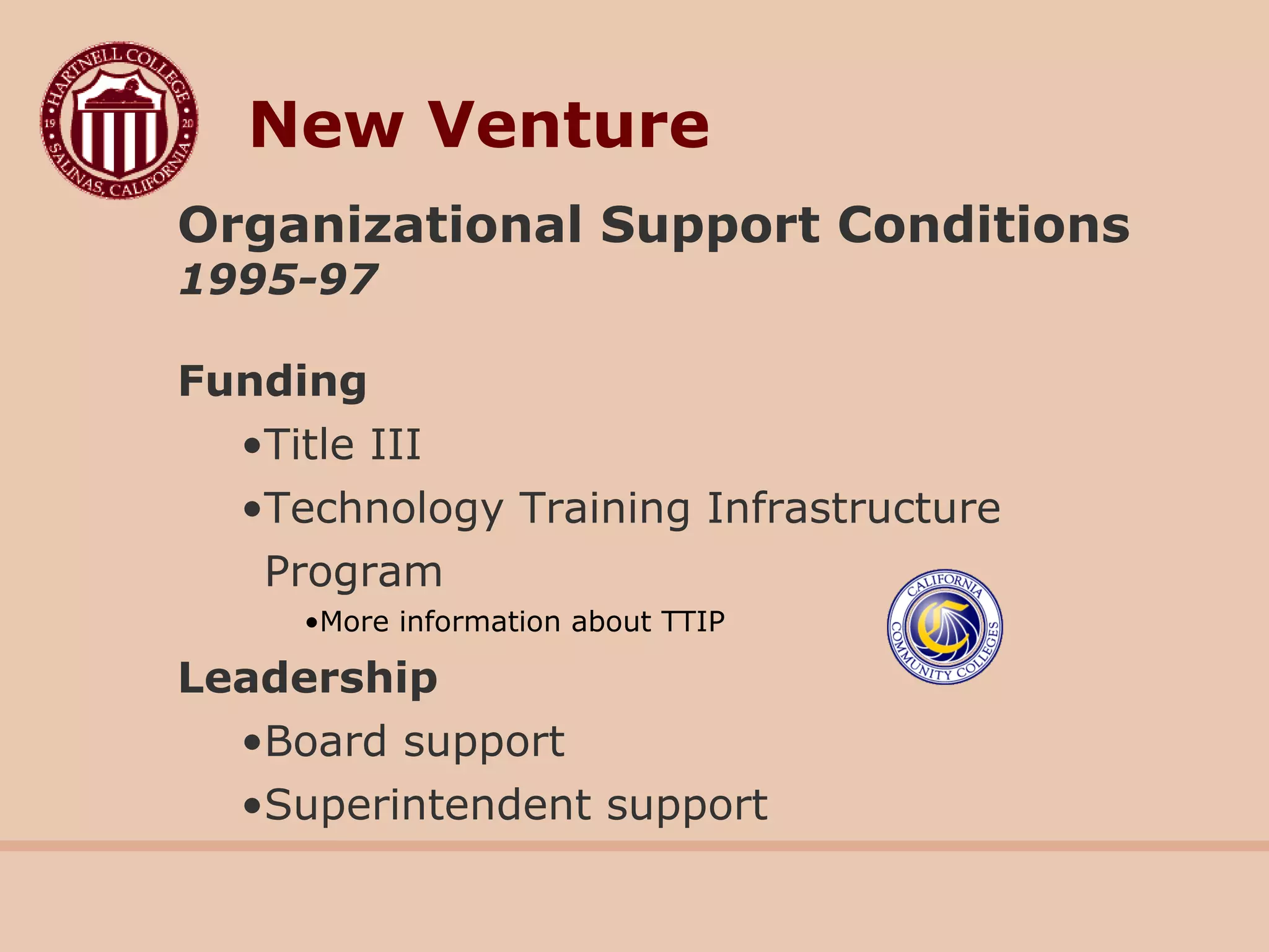 Organizational Support Conditions
1995-97
Funding
•Title III
•Technology Training Infrastructure
Program
•More information about TTIP
Leadership
•Board support
•Superintendent support
New Venture
 