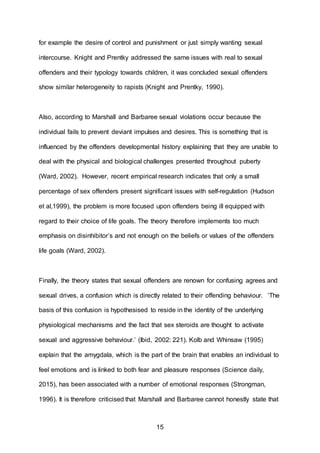 15
for example the desire of control and punishment or just simply wanting sexual
intercourse. Knight and Prentky addressed the same issues with real to sexual
offenders and their typology towards children, it was concluded sexual offenders
show similar heterogeneity to rapists (Knight and Prentky, 1990).
Also, according to Marshall and Barbaree sexual violations occur because the
individual fails to prevent deviant impulses and desires. This is something that is
influenced by the offenders developmental history explaining that they are unable to
deal with the physical and biological challenges presented throughout puberty
(Ward, 2002). However, recent empirical research indicates that only a small
percentage of sex offenders present significant issues with self-regulation (Hudson
et al,1999), the problem is more focused upon offenders being ill equipped with
regard to their choice of life goals. The theory therefore implements too much
emphasis on disinhibitor’s and not enough on the beliefs or values of the offenders
life goals (Ward, 2002).
Finally, the theory states that sexual offenders are renown for confusing agrees and
sexual drives, a confusion which is directly related to their offending behaviour. ‘The
basis of this confusion is hypothesised to reside in the identity of the underlying
physiological mechanisms and the fact that sex steroids are thought to activate
sexual and aggressive behaviour.’ (Ibid, 2002: 221). Kolb and Whinsaw (1995)
explain that the amygdala, which is the part of the brain that enables an individual to
feel emotions and is linked to both fear and pleasure responses (Science daily,
2015), has been associated with a number of emotional responses (Strongman,
1996). It is therefore criticised that Marshall and Barbaree cannot honestly state that
 