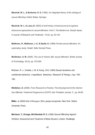 42
Marshall, W. L., & Barbaree, H. E. (1990). An integrated theory of the etiology of
sexual offending. United States: Springer.
Marshall, W. L. & Laws, D. (2003) A brief history of behavioural and cognitive
behaviours approaches to sexual offenders: Part 2. The Modern era. Sexual abuse:
A Journal of Research and Treatment, 15 (2), pp. 93-120
Matthews, R., Matthews, J. A. & Speltz, K. (1989) Female sexual offenders: An
exploratory study. Orwell: Safer Society Press.
McAlinden, A. M. (2005). The use of ‘shame’ with sexual offenders. British Journal
of Criminology, 45 (3), pp. 373-394.
McGuire, R. J., Carlisle, J. M. & Young, B.G. (1965) Sexual deviations and
conditioned behaviour: a hypothesis. Behaviour, Research & Therapy, 2 pp. 185-
190,
Middleton, D. (2008). From Research to Practice: The Development of the Internet
Sex Offender Treatment Programme (i-SOTP). Irish Probation Journal, 5 , pp. 49-65.
Miller, J. (2002) One of the guys: Girls, gangs and gender. New York: Oxford
University Press.
Morrison, T., Erooga, M & Beckett, R. C. (1994) Sexual Offending Agaisnt
Children: Assessment and Treatment of Male Abusers. London: Routledge
 