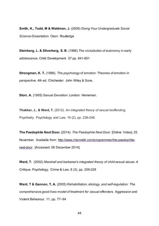 44
Smith, K., Todd, M & Waldman, J. (2009) Doing Your Undergraduate Social
Science Dissertation. Oxon: Routledge
Steinberg, L. & Sliverberg, S. B. (1986) The vicissitudes of autonomy in early
adolescence. Child Development. 57 pp. 841-851
Strongman, K. T. (1996). The psychology of emotion: Theories of emotion in
perspective, 4th ed. Chichester: John Wiley & Sons.
Storr, A. (1965) Sexual Deviation. London: Heineman,
Thakker, J., & Ward, T. (2012). An integrated theory of sexual reoffending.
Psychiatry, Psychology and Law, 19 (2), pp. 236-248.
The Paedophile Next Door. (2014). The Paedophile Next Door. [Online Video]. 25
November. Available from: http://www.channel4.com/programmes/the-paedophile-
next-door. [Accessed: 08 December 2014].
Ward, T. (2002) Marshall and barbaree's integrated theory of child sexual abuse: A
Critique. Psychology, Crime & Law, 8 (3), pp. 209-228
Ward, T & Gannon, T, A. (2005) Rehabilitation, etiology, and self-regulation: The
comprehensive good lives model of treatment for sexual offenders. Aggression and
Violent Behaviour, 11, pp. 77–94
 