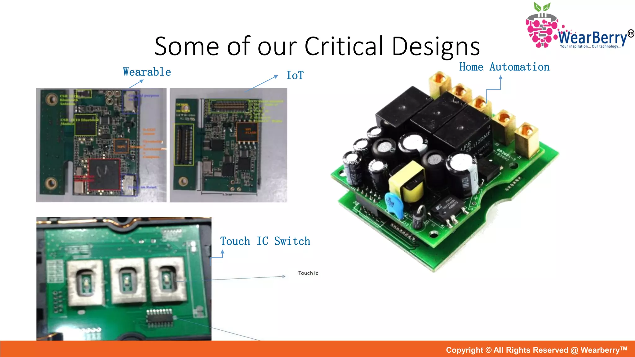 Some of our Critical Designs
IoTWearable Home Automation
Touch IC Switch
Copyright © All Rights Reserved @ WearberryTM
 