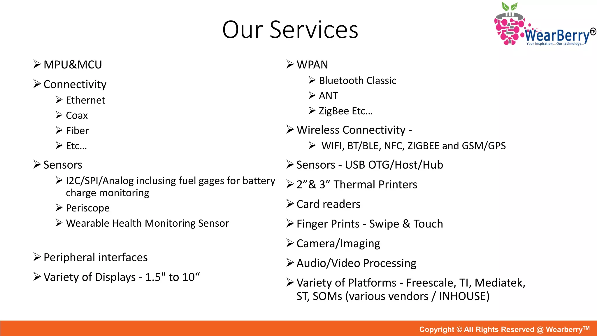Our Services
MPU&MCU
Connectivity
 Ethernet
 Coax
 Fiber
 Etc…
Sensors
 I2C/SPI/Analog inclusing fuel gages for battery
charge monitoring
 Periscope
 Wearable Health Monitoring Sensor
Peripheral interfaces
Variety of Displays - 1.5" to 10“
WPAN
 Bluetooth Classic
 ANT
 ZigBee Etc…
Wireless Connectivity -
 WIFI, BT/BLE, NFC, ZIGBEE and GSM/GPS
Sensors - USB OTG/Host/Hub
2”& 3” Thermal Printers
Card readers
Finger Prints - Swipe & Touch
Camera/Imaging
Audio/Video Processing
Variety of Platforms - Freescale, TI, Mediatek,
ST, SOMs (various vendors / INHOUSE)
Copyright © All Rights Reserved @ WearberryTM
 