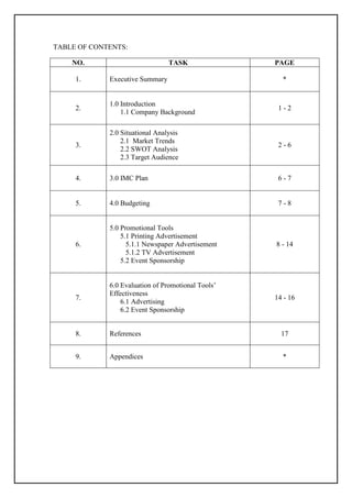 TABLE OF CONTENTS:
NO. TASK PAGE
1. Executive Summary *
2.
1.0 Introduction
1.1 Company Background
1 - 2
3.
2.0 Situational Analysis
2.1 Market Trends
2.2 SWOT Analysis
2.3 Target Audience
2 - 6
4. 3.0 IMC Plan 6 - 7
5. 4.0 Budgeting 7 - 8
6.
5.0 Promotional Tools
5.1 Printing Advertisement
5.1.1 Newspaper Advertisement
5.1.2 TV Advertisement
5.2 Event Sponsorship
8 - 14
7.
6.0 Evaluation of Promotional Tools’
Effectiveness
6.1 Advertising
6.2 Event Sponsorship
14 - 16
8. References 17
9. Appendices *
 