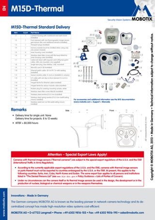 EN
M15D-Thermal
Innovations - Made in Germany
The German company MOBOTIX AG is known as the leading pioneer in network camera technology and its de-
centralized concept has made high-resolution video systems cost-efficient.
MOBOTIX AG • D-67722 Langmeil • Phone: +49 6302 9816-103 • Fax: +49 6302 9816-190 • sales@mobotix.com
www.mobotix.com
Security-Vision-Systems
Copyright©MOBOTIXAG,2013•MadeinGermany•Technicalinformationsubjecttochangewithoutnotice.
For accessories and additional information see the M15 documentation
(www.mobotix.com > Support > Manuals).
1.1
1.10
1.11
1.12
1.8
1.7
1.4 1.3
1.6
1.9
1.2
1.5
M.5
M.3
M.2
M.1
M.6
M.7
M.8
M.10
M.11
M.4
1.15
1.19
1.16
1.17
M.9
1.18
1.13
1.14
M15D-Thermal Standard Delivery
Item Count Part Name
1.1 1 Camera housing with mainboard and wall mount
(installed)
1.2 1 Front element with one thermographic image sensor,
germanium disc and additional sensors (installed)
1.3 1 Transport plugs (installed)
1.4 1 Dummy module (must be installed when using only
one sensor module)
1.5 4 Inner housing cover (installed)
1.6 4 Stainless steel Allen screw with flat head M4x8 for
inner housing cover (installed)
1.7 2 Cable lock black with bayonet catch (Ethernet patch
cable, USB, one mounted, one supplied)
1.8 2 Single wire plug, blue (MxBus, USB, mounted)
1.9 1 MicroSD card 4 GB (installed)
1.10 1 Ethernet patch cable, 50 cm/19.7 in with sealing
(installed)
1.11 2 Sensor module cable 15 cm/6 in (installed in camera)
1.12 1 I/O cable with red clips to front element 15 cm/6 in
(installed)
1.13 1 Hinged ferrite for Ethernet cable (installed)
1.14 1 Hinged ferrite for sensor module cable (installed)
1.15 2 Rubber plug for covering mounting screws, white
1.16 3 Stainless steel Allen screw M6x30 (installed)
1.17 3 Stainless steel washer Ø 6.4 mm (installed)
1.18 1 Stainless steel spring washer Ø 6.4 mm (wall/ceiling
mount, installed)
1.19 1 Stainless steel lock nut M6 (wall/ceiling mount,
installed)
Allmeasurementsinmm.
Remarks
•	 Delivery time for single unit: None
Delivery time for projects: 8 to 12 weeks
•	 MTBF > 80,000 hours
Attention – Special Export Laws Apply!
Cameras with thermal image sensors (“thermal cameras”) are subject to the special export regulations of the U.S.A. and the ITAR
(International Traffic in Arms Regulation):
•	 According to the currently applicable export regulations of the U.S.A. and the ITAR, cameras with thermal image sensors
or parts thereof must not be exported to countries embargoed by the U.S.A. or the ITAR. At present, this applies to the
following countries: Syria, Iran, Cuba, North Korea and Sudan. The same export ban applies to all persons and institutions
listed in “The Denied Persons List” (see www.bis.doc.gov > Policy Guidance > Lists of Parties of Concern).
•	 Under no circumstances can the camera itself or its thermal image sensors be used in the design, the development or in the
production of nuclear, biological or chemical weapons or in the weapons themselves.
 