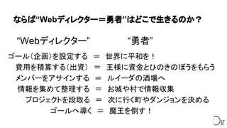 ならば“Webディレクター＝勇者”はどこで生きるのか？
ゴール（企画）を設定する　＝　世界に平和を！　
　 費用を積算する（出資）　＝　王様に資金とひのきのぼうをもらう
　 メンバーをアサインする　＝　ルイーダの酒場へ
　 情報を集めて整理する　＝　お城や村で情報収集
　　　 プロジェクトを段取る　＝　次に行く町やダンジョンを決める
　　　　　　　　 ゴールへ導く　＝　魔王を倒す！
“Webディレクター”　　　　　　“勇者”
 