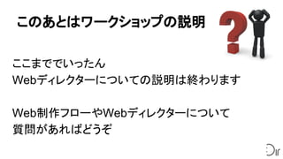 このあとはワークショップの説明
ここまででいったん
Webディレクターについての説明は終わります
Web制作フローやWebディレクターについて
質問があればどうぞ
 