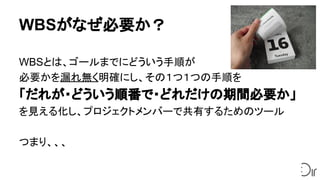 WBSがなぜ必要か？
WBSとは、ゴールまでにどういう手順が
必要かを漏れ無く明確にし、その１つ１つの手順を
「だれが・どういう順番で・どれだけの期間必要か」
を見える化し、プロジェクトメンバーで共有するためのツール
つまり、、、
 