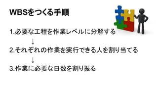 WBSをつくる手順
1.必要な工程を作業レベルに分解する
　　　　　↓
2.それぞれの作業を実行できる人を割り当てる
　　　　　↓
3.作業に必要な日数を割り振る
 