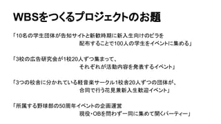 WBSをつくるプロジェクトのお題
「10名の学生団体が告知サイトと新歓時期に新入生向けのビラを
　　　　　　　　　　　　　　　　　　配布することで100人の学生をイベントに集める」
「3校の広告研究会が1校20人ずつ集まって、
　　　　　　　　　　　　　　　　　　それぞれが活動内容を発表するイベント」
「3つの校舎に分かれている軽音楽サークル1校舎20人ずつの団体が、
　　　　　　　　　　　　　　　　　　合同で行う花見兼新入生歓迎イベント」
「所属する野球部の50周年イベントの企画運営
　　　　　　　　　　　　　　　　　　現役・OBを問わず一同に集めて開くパーティー」
 
