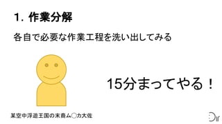 １．作業分解
各自で必要な作業工程を洗い出してみる
15分まってやる！
某空中浮遊王国の末裔ム◯カ大佐
 