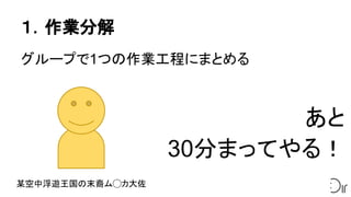 １．作業分解
グループで1つの作業工程にまとめる
あと　
30分まってやる！
某空中浮遊王国の末裔ム◯カ大佐
 