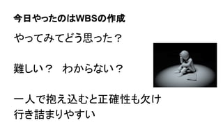 今日やったのはWBSの作成
やってみてどう思った？
難しい？　わからない？
一人で抱え込むと正確性も欠け
行き詰まりやすい
 