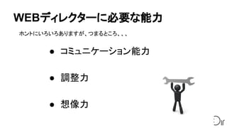 WEBディレクターに必要な能力
● コミュニケーション能力
● 調整力
● 想像力
ホントにいろいろありますが、つまるところ、、、
 