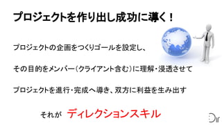 プロジェクトを作り出し成功に導く！
プロジェクトの企画をつくりゴールを設定し、
その目的をメンバー（クライアント含む）に理解・浸透させて
プロジェクトを進行・完成へ導き、双方に利益を生み出す
　　　　それが　ディレクションスキル
 