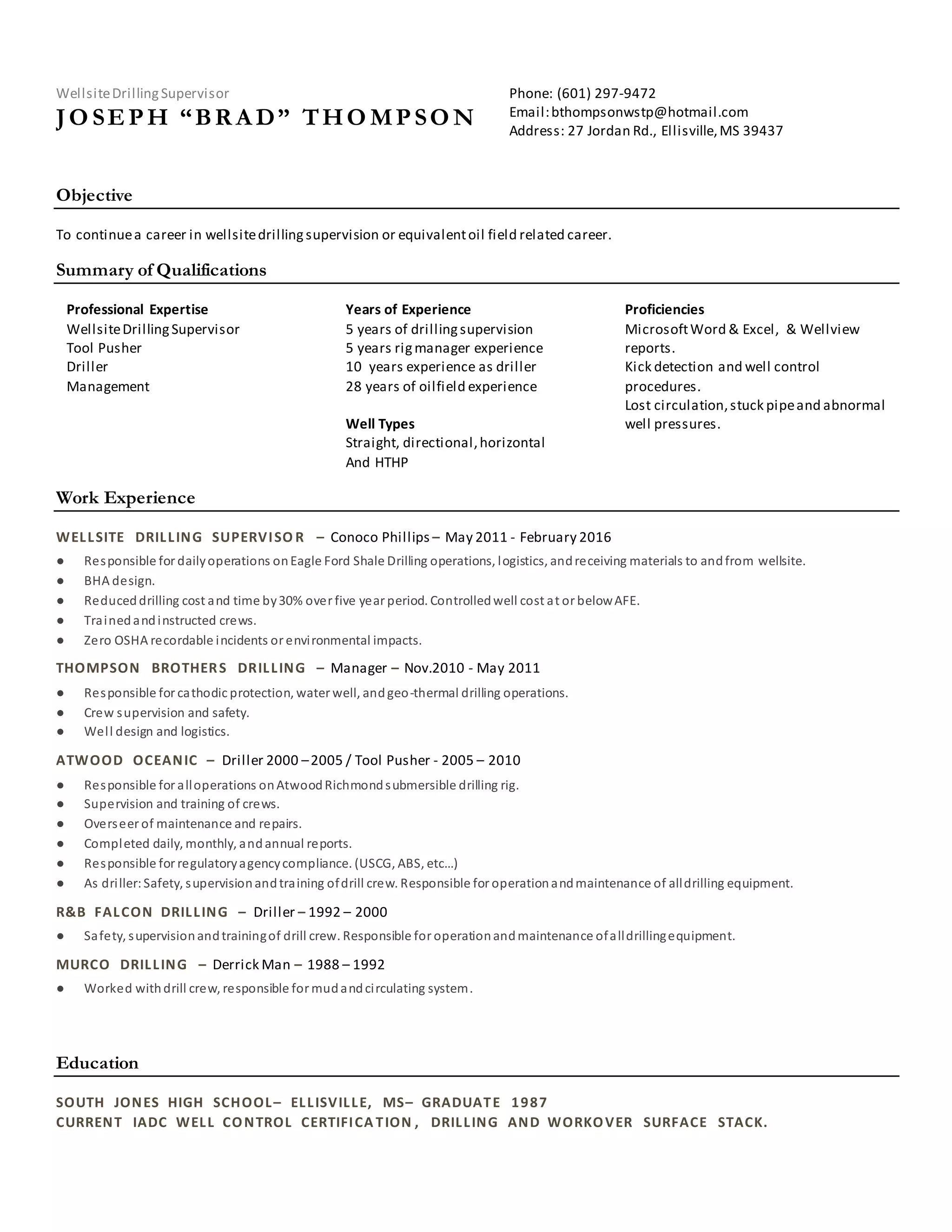 J.B. Thompson Drilling Supervisor Resume' | DOCX