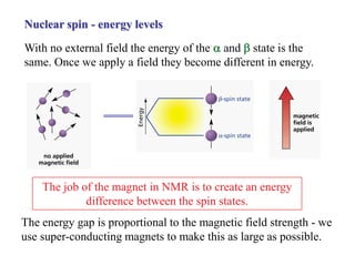 Nuclear spin - energy levels
With no external field the energy of the a and b state is the
same. Once we apply a field they become different in energy.
The energy gap is proportional to the magnetic field strength - we
use super-conducting magnets to make this as large as possible.
The job of the magnet in NMR is to create an energy
difference between the spin states.
 