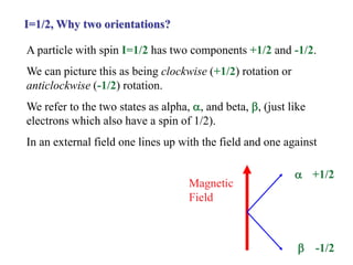 A particle with spin I=1/2 has two components +1/2 and -1/2.
We can picture this as being clockwise (+1/2) rotation or
anticlockwise (-1/2) rotation.
We refer to the two states as alpha, , and beta, , (just like
electrons which also have a spin of 1/2).
In an external field one lines up with the field and one against
I=1/2, Why two orientations?
Magnetic
Field


+1/2
-1/2
 