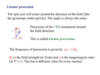 Larmor precession
The spin axis will rotate around the direction of the field (like
the gyroscope under gravity). The angle is always the same.
Precession of the +1/2 component around
the field direction.
This is called Larmor precession.
The frequency of precession is given by 0 =  B0.
B0 is the field strength (in Tesla) and  is the magnetogyric ratio
(in T-1 s-1). This has a different value for every nucleus.
 