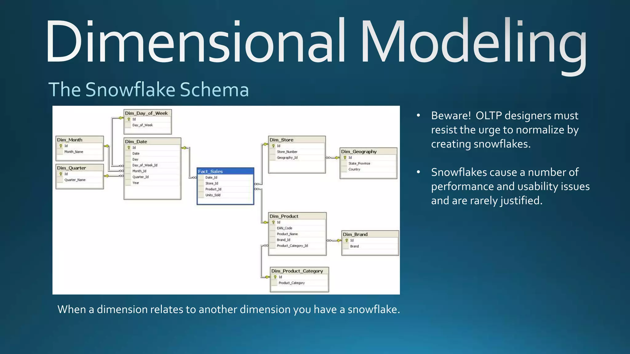 When a dimension relates to another dimension you have a snowflake.
• Beware! OLTP designers must
resist the urge to normalize by
creating snowflakes.
• Snowflakes cause a number of
performance and usability issues
and are rarely justified.
 