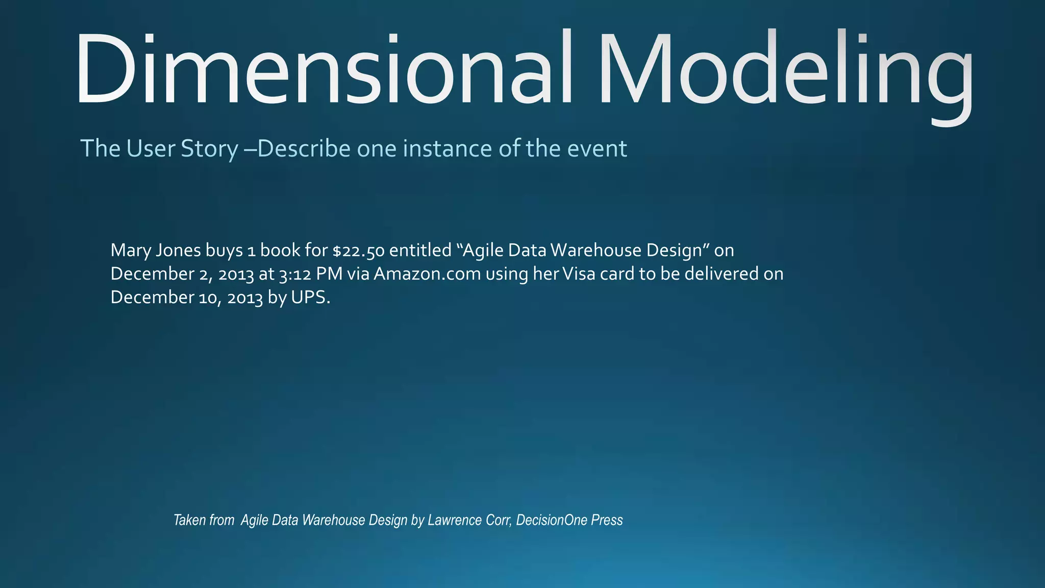 Taken from Agile Data Warehouse Design by Lawrence Corr, DecisionOne Press
Mary Jones buys 1 book for $22.50 entitled “Agile Data Warehouse Design” on
December 2, 2013 at 3:12 PM via Amazon.com using herVisa card to be delivered on
December 10, 2013 by UPS.
 