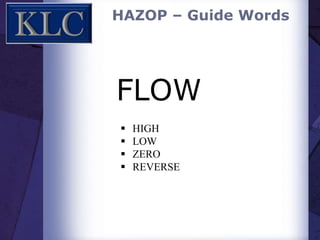 HAZOP – Guide Words
FLOW
 HIGH
 LOW
 ZERO
 REVERSE
 