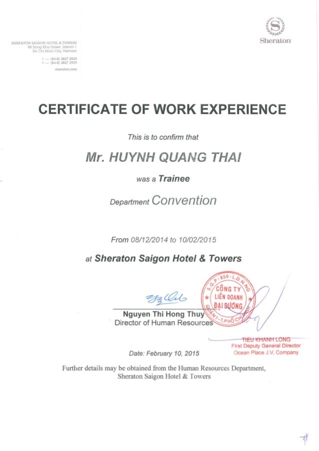sheraton work experience certificate experience certificate