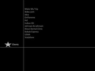 Clients
Make My Trip
Ibibo.com
idea
Oriflamme
Hcl
Indian Oil
Johnson & Johnson
Klove Dental Clinic
Kebab Express
USHA
Vodafone
 